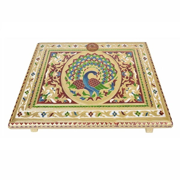 Peacock Designed Wooden Handmade Rajwadi Chowki (18"X12"X3")-G.M.